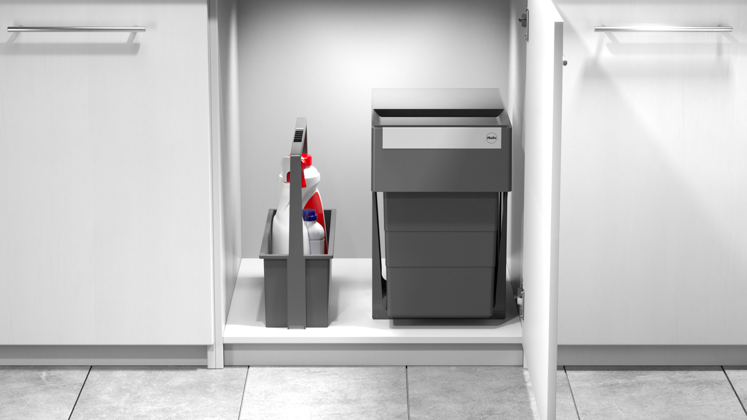 Hailo Tandem geschlossen im Unterschrank – unauffällig integriert in die Küchenmöbel.