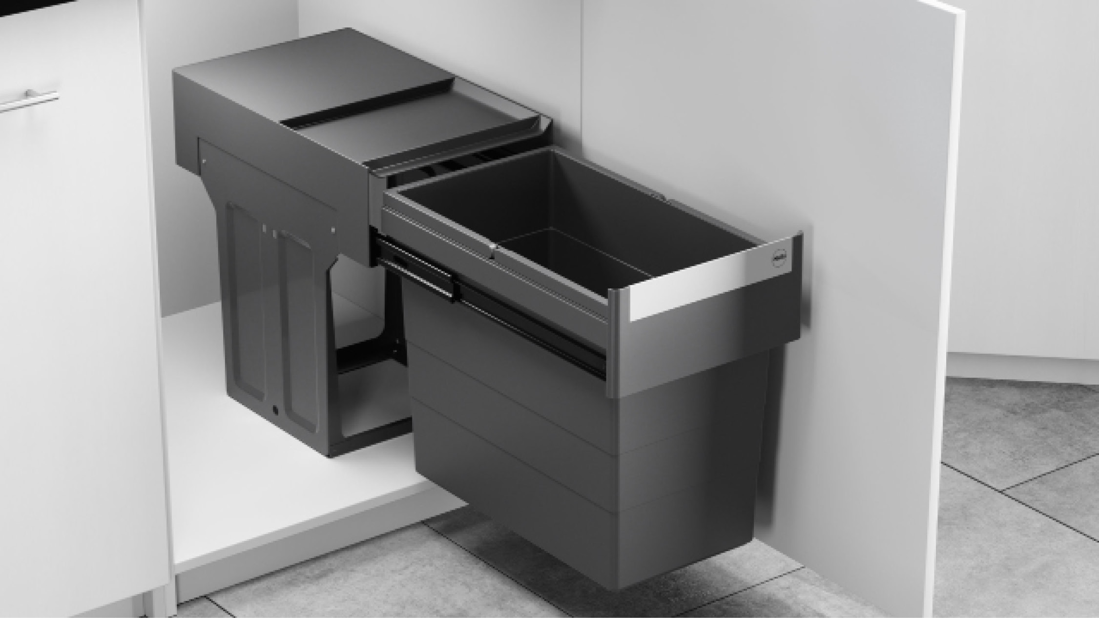 Hailo Tandem Generation 4 – eleganter Einbau-Abfallsammler mit optimierten Proportionen und hochwertiger Metalloptik.