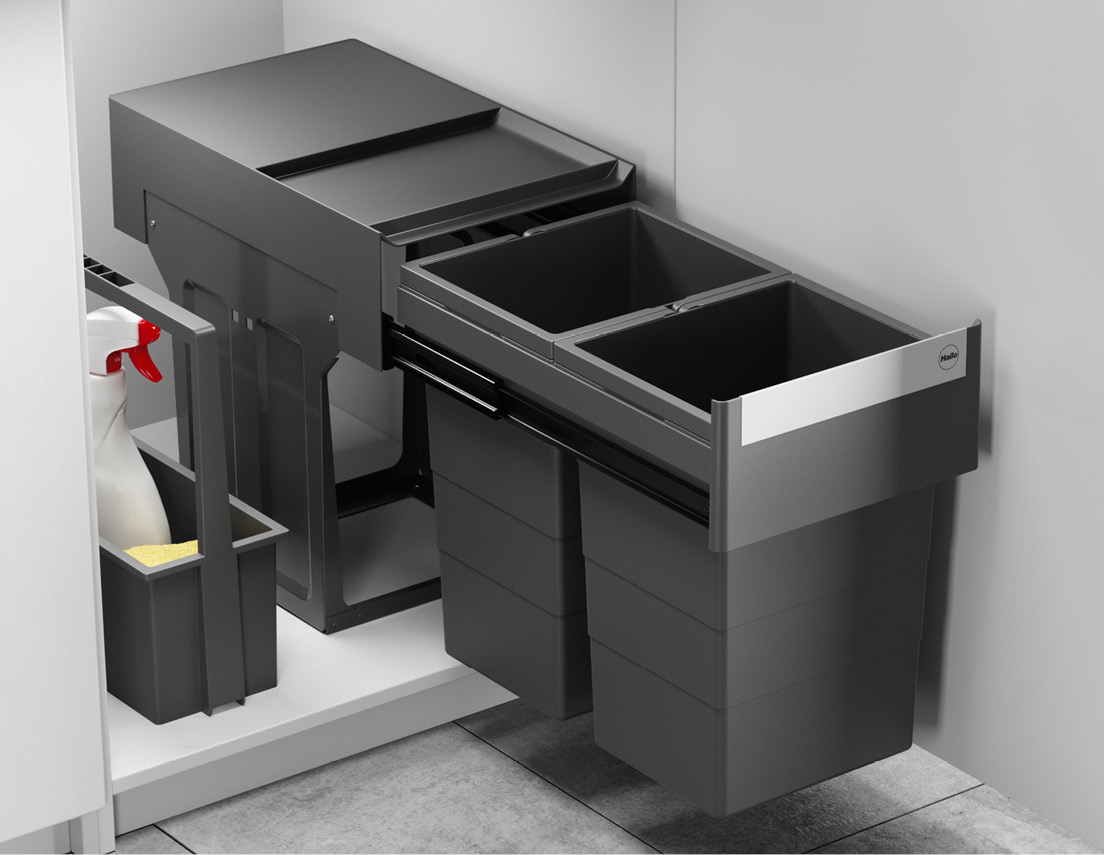 Hailo Tandem 4. Generation – Abfalltrennsystem mit zeitloser Optik, metallischen Details und bewährter Montage-Technik.