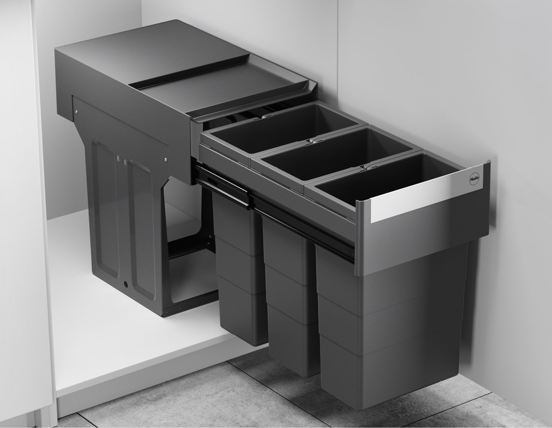 Überarbeiteter Hailo Tandem – Klassiker unter den Abfallsystemen mit schlichtem, funktionalem Design und einfacher Montage.